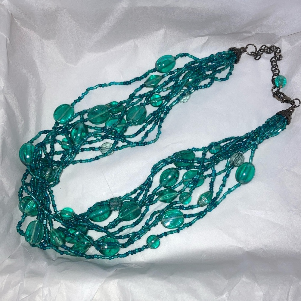 Teal beaded multistrand necklace GUC